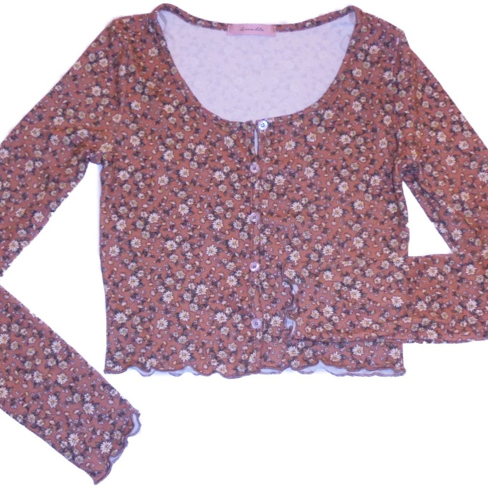 Cropped Top NEW floral knit long sleeve tee shirt blouse casual  floral